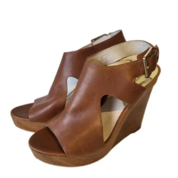 MICHAEL Michael Kors Brown Leather Josephine Wedge Sandals Size 9 - Picture 1 of 7